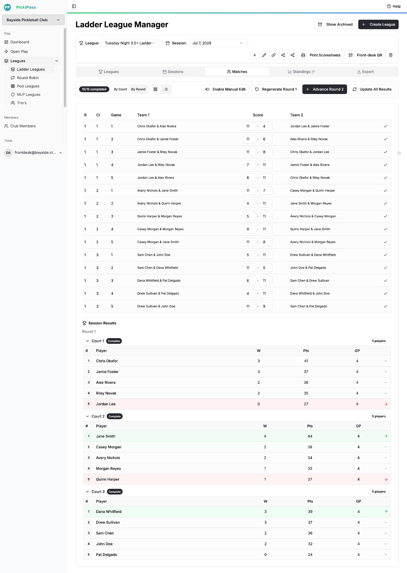 Ladder league manager: matches, scores, and per-court session results with promotion and relegation